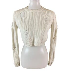 Etophe Studios Cream Distressed Ribbed Cropped Sweater Small Y2K Grunge Cozy